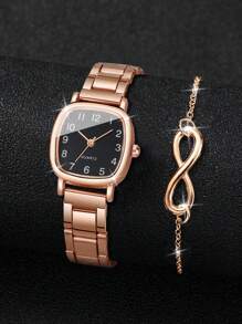2pcs/Set Women's Casual Steel Strap Quartz Wrist Watch With Square Dial & 8-Shaped Bracelet