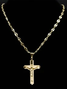 Jesus Cross Crucifix Pendant Necklace For Men Stainless Steel Gold Color Christian Coffee Bean Chain,Father's Day Gift, The Perfect Gift For Family And Friends