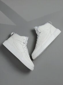 Zapatillas deportivas casuales de invierno para hombre talla grande, calzado deportivo cómodo con cordones y suela blanda, ligero con felpa para mantener el calor, zapatos de alta cima para uso diario - Blanco - Ver 5