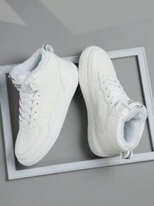 Zapatillas deportivas casuales de invierno para hombre talla grande, calzado deportivo cómodo con cordones y suela blanda, ligero con felpa para mantener el calor, zapatos de alta cima para uso diario - Blanco - Ver 1