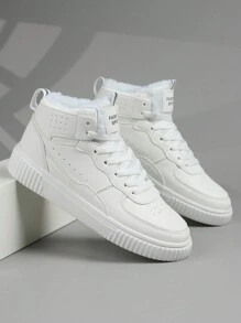 Zapatillas deportivas casuales de invierno para hombre talla grande, calzado deportivo cómodo con cordones y suela blanda, ligero con felpa para mantener el calor, zapatos de alta cima para uso diario - Blanco - Ver 3