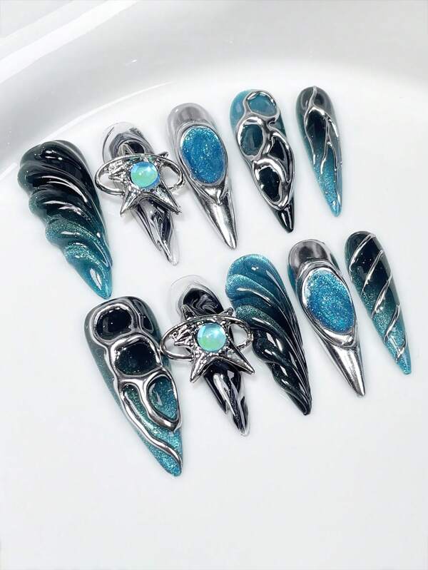 10 PIEZAS Uñas postizas de punta larga y azul plateado, ultra flexibles y de larga duración para mujeres y niñas, para salón de uñas