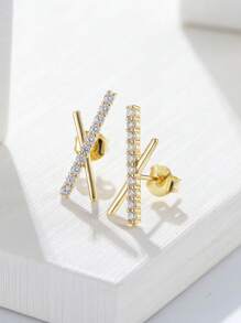 Cubic Zirconia Decor Silver Stud Earrings Holiday - Yellow Gold - View 2
