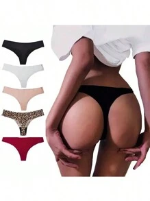 Tanga de mujer de 5 piezas con estampado de leopardo, braguita elástica de talle bajo y cómoda - Multicolor - Ver 4