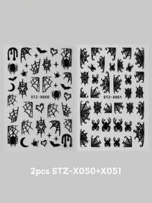 FULL BEAUTY 怪异黑白蜘蛛万圣节指甲暗色心形蜘蛛网蝙蝠美甲贴纸星月 Y2K 涂鸦卡通可爱滑块设计指甲贴花万圣节派对 DIY 饰品装饰指甲用品 - 黑與白 - 查看 21