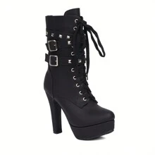 High Heel Boots For Women Platform Boot Heels Sexy Round Toe Lace UP High Heels Mid Calf Boots - 黑色 - 查看 2