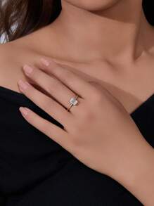 1pc S925 Sterling Silver Geometric Rectangular Cubic Zirconia Wedding Ring For Women, Minimalist Design - Yellow Gold - View 5