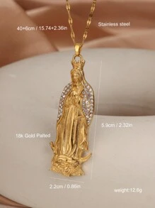 不锈钢项链，圣母玛利亚吊坠镶嵌立方氧化锆，女士款，适合婚礼、派对和日常佩戴