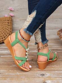 Sandalias de cuña con punta abierta y decoración de perlas, en talla grande para mujer, en color verde - Verde - Ver 6