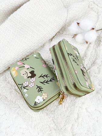 植物图案花朵图案双拉链钱包 多功能零钱包 字母图形卡夹 多卡位卡片收纳盒 信用卡学校用品 宿舍 女士高品质皮革钱包 钱包 小钱包