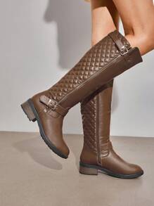 Women's Faux Furs-Lined Black Warm Winter Knee High Boots Low Stacked Heel Comfortable Outdoor Riding Round Toe Side Zipper Biker Motorcycle Buckle Boots - 駝色 - 查看 4