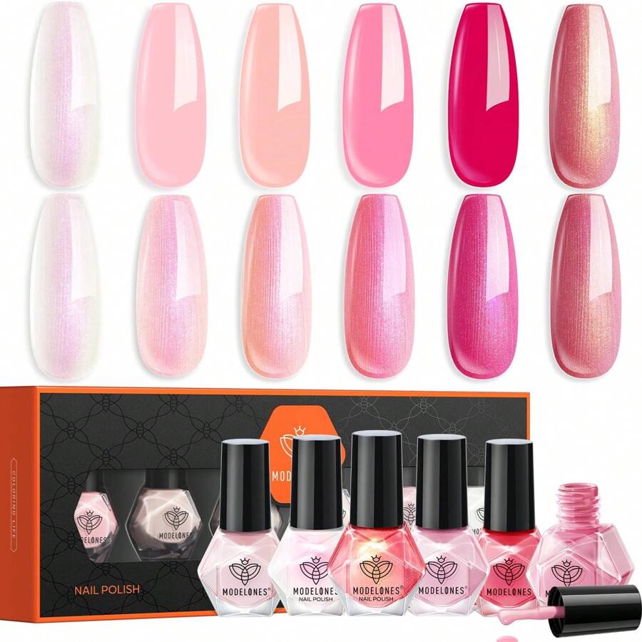 Modelones Mini Nail Polish Set 6 Colors Summer Nail Polish Set Exquisite Glitter Quick Dry Nail Polish Set Nail Art DIY Nail Salon Home Gifts Women Girls, One Set Of Nail Polish Contains 6 Colors, One Color 5ml - 粉色 - 查看 1