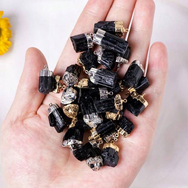 1pc Natural Black Beryl Crystal Pendant, Electroplated Edged Tourmaline Pillar Necklace Charm