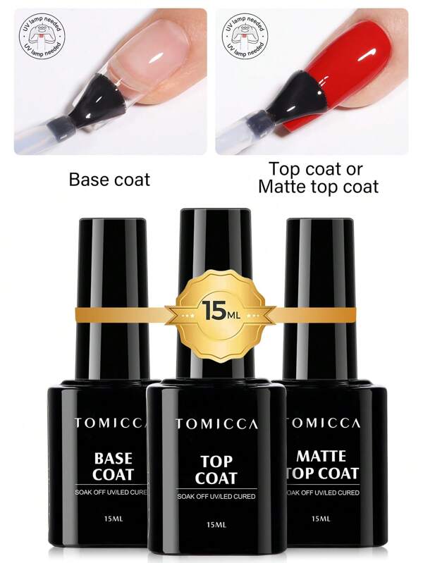 TOMICCA 3pcs 15ml Clear Base Coat&Top Coat&Matte Top Coat Set,UV Light Curing Is Required, And The Long-Lasting Gel Nail Set , Used For DIY Home Salon Manicure Or Gifts For Women