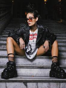 Fashion Women's Flat Platform Ankle Boots Black Punk Style High Heels Round Toe Thick Sole Rock Booties Metal Decor Y2k Gothic Halloween Sports Shoes Shorts - 黑色 - 查看 8