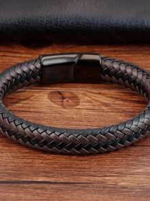男士编织仿皮绳手链，经典朋克风PU皮手链，多功能男士手链 - 彩色 - 查看 4