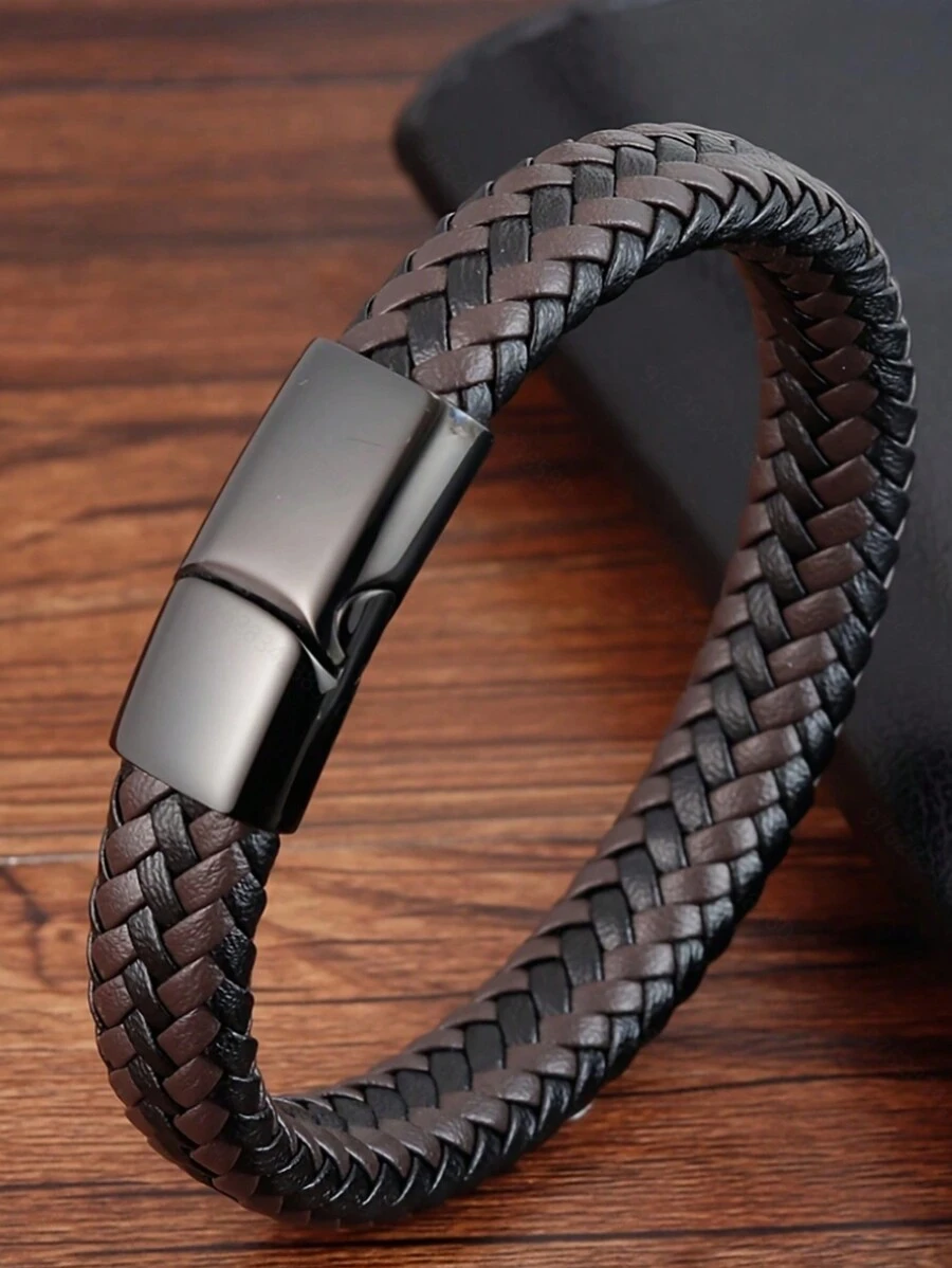 男士编织仿皮绳手链，经典朋克风PU皮手链，多功能男士手链 - 彩色 - 查看 1