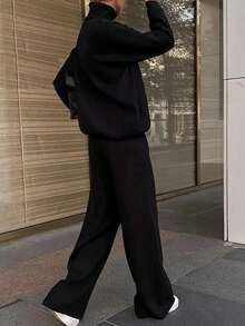 新款时尚优雅秋冬季宽松高领长袖上衣毛衣裤子两件套