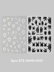 FULL BEAUTY 怪异黑白蜘蛛万圣节指甲暗色心形蜘蛛网蝙蝠美甲贴纸星月 Y2K 涂鸦卡通可爱滑块设计指甲贴花万圣节派对 DIY 饰品装饰指甲用品 - 黑與白 - 查看 22
