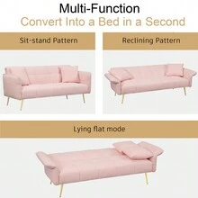 Teddy Fabric Sofa Bed With 2 Pillows Convertible Futon Couch Sofa Bed With Adjustable Armrests Modern Loveseat For Living Room,Bedroom (Beige/Green/Pink-Teddy Fabric) - 粉色 - 查看 5