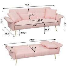 Teddy Fabric Sofa Bed With 2 Pillows Convertible Futon Couch Sofa Bed With Adjustable Armrests Modern Loveseat For Living Room,Bedroom (Beige/Green/Pink-Teddy Fabric) - 粉色 - 查看 3