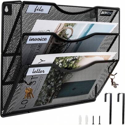 Wall File Organizer, 3 Tire Hanging File Folder Mail Organizer, Vertical Mesh Metal Door/Wall Mount Hanging File Holder, Paper Document Magazine Rack With Hooks For Home Office Black