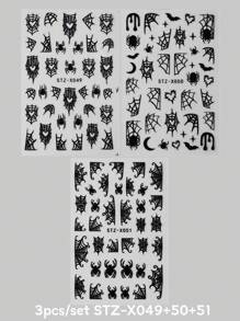 FULL BEAUTY 怪异黑白蜘蛛万圣节指甲暗色心形蜘蛛网蝙蝠美甲贴纸星月 Y2K 涂鸦卡通可爱滑块设计指甲贴花万圣节派对 DIY 饰品装饰指甲用品 - 黑與白 - 查看 24