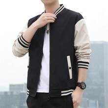 1 pieza Chaqueta deportiva clásica de estilo novio con bajo acanalado para hombre, cuello de béisbol casual, adecuada para actividades al aire libre en otoño - Negro - Ver 2