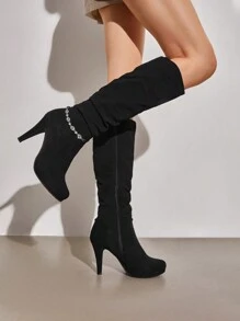 Women's Black Platform High Heel Knee High Boots - 黑色 - 查看 1
