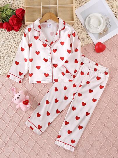 Young Girls Cute Heart Print Long Sleeve Top And Long Pants Set