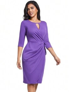 Fall And Winter Violet Purple Casual Elegant Work Twist Bodycon Party Dress Midi Women Dresses