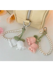 1pc Handmade White/Pink Woven Flower Backpack/Bookbag/Purse Pendant, Faux Pearl Decorated Bracelet / Keychain / Keyring, Crochet Flower Trinket In Summer Keychain Charms Lanyard For Keys Keychain Wristlet Gifts For Women Valentines