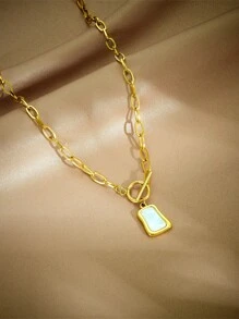 1pc Luxurious Stainless Steel Minimalist Retro Shell Pendant Necklace For Women, Short Style Sweater Chain, Block Shaped, Non-Fading Neck Accessory