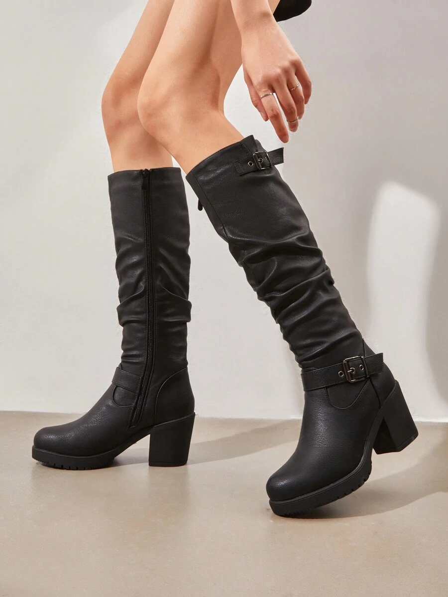 Women's Black Stylish Chunky Heel Knee High Fur Lining Warm Boots - Black - View 1