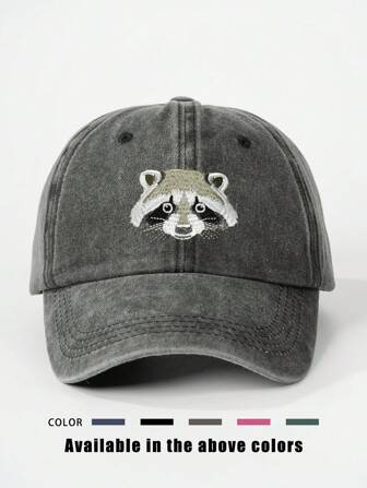 1 pieza Gorra de béisbol lavada con bordado de mapache, sombrero ajustable de protección solar para exteriores para primavera, otoño, viaje, playa, vacaciones, estilo Y2K para adultos jóvenes