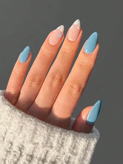 Transform Your Nails With 24pcs Long Almond Blue Solid Floral Print Fake Nail & 1sheet Tape & 1pc Nail File Press On Nails Nail Supplies