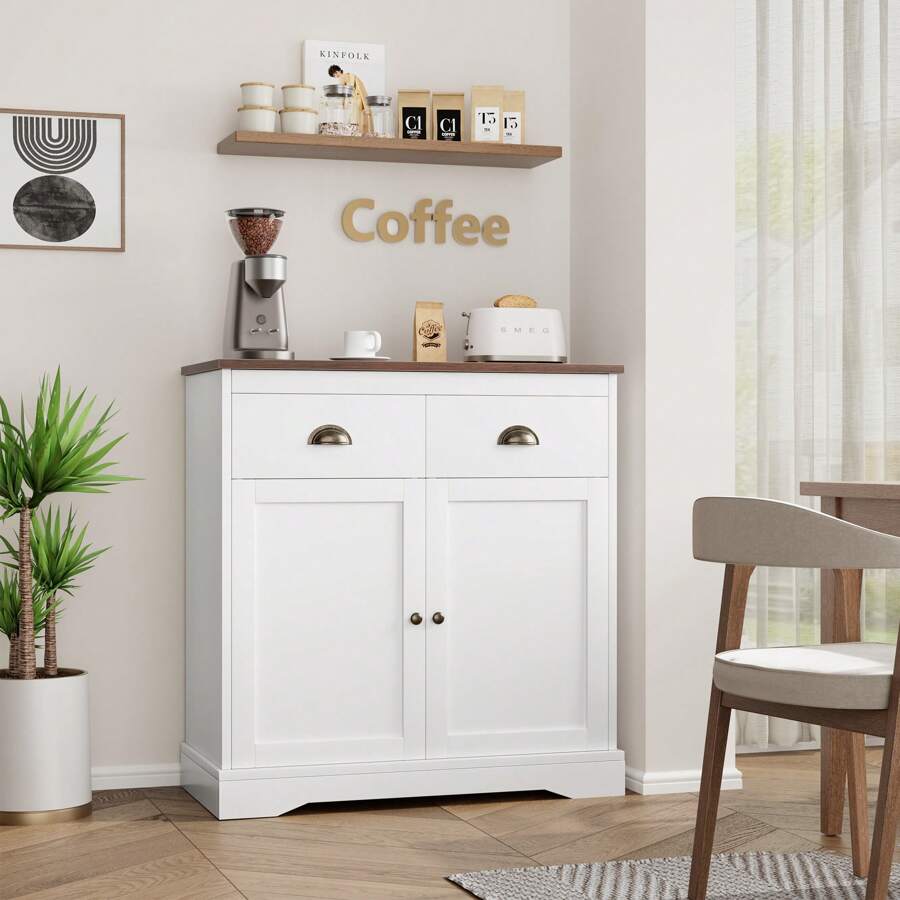 Coffee Bar Cabinet, Modern Farmhouse Buffet Cabinet With 2 Drawers And Adjustable Shelf, Double Door Kitchen Cabinet - White - View 1