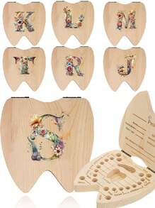 1 pieza Caja de madera para guardar dientes, caja de almacenamiento de dientes para niños y niñas con diseño de patrón de inicial y nombre creativo, caja recolectora del cordón umbilical y dientes, caja de recuerdos, organizador en inglés - Albaricoque - Ver 13