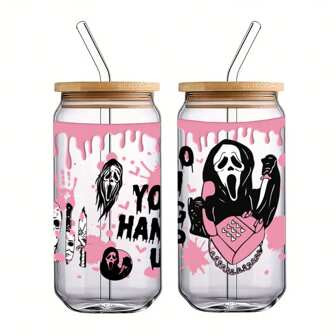 1pc 16oz Glass Cup With Lid And Straw, Boogie, Nightmare,Halloween Cups Spooky Season Cups Iced Coffee Party Favor, Custom Beer, Soda, Bamboo Drinkware Aesthetic Tumblers Mug, Scream No You Hang Up