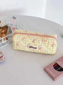 1 pieza Estuche de lápices con lazo y estampado a cuadros, estilo fresco, diseño coreano de vuelta a la escuela, útiles escolares, estuche de lápices, mochila escolar