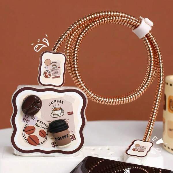 5pcs/Set Coffee Bean Pattern Charging And Data Cable Protectors Compatible With IPhone 20W Cord, Anti-Breakage Protective Cover Charger Protector