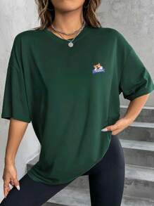 Oversized Women's Casual Off-Shoulder 100% Cotton T-Shirt With Animated Dog Figure Printed - xanh quân đội - Xem 1