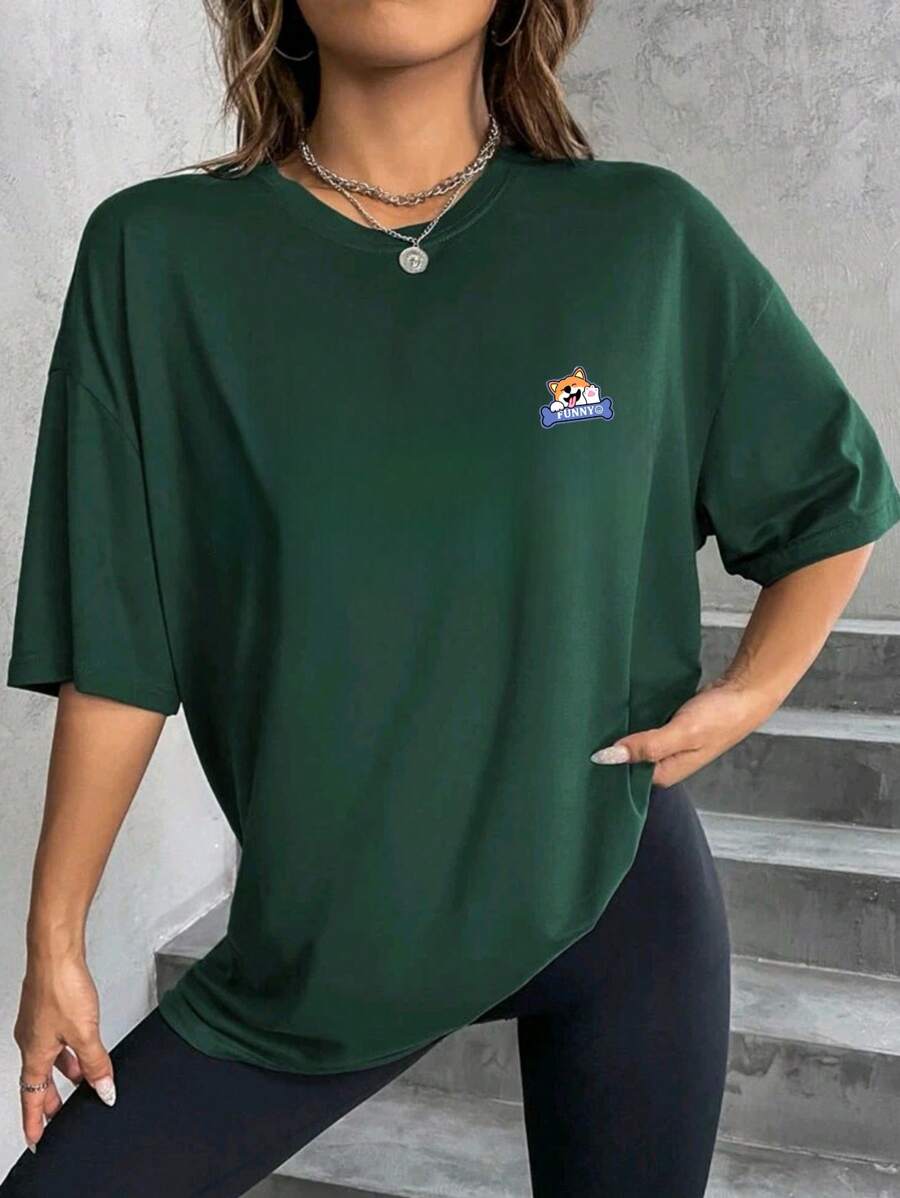 Oversized Women's Casual Off-Shoulder 100% Cotton T-Shirt With Animated Dog Figure Printed - xanh quân đội - Xem 1