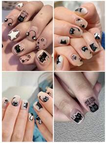 2/4pcs Fun Cat Nail Art Designs 3D Nail Stickers Lovely Cartoon Cat Gold Silver Black White Cute Bow Paw Nail Art Decals Adhesive Sliders DIY Supplies For Women Girl Decor - Multicolor - View 2