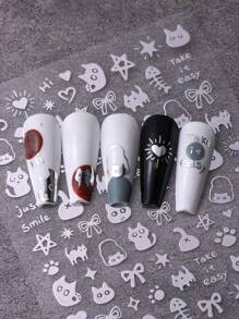 2/4pcs Fun Cat Nail Art Designs 3D Nail Stickers Lovely Cartoon Cat Gold Silver Black White Cute Bow Paw Nail Art Decals Adhesive Sliders DIY Supplies For Women Girl Decor - Multicolor - View 8