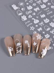 2/4pcs Fun Cat Nail Art Designs 3D Nail Stickers Lovely Cartoon Cat Gold Silver Black White Cute Bow Paw Nail Art Decals Adhesive Sliders DIY Supplies For Women Girl Decor - Multicolor - View 9