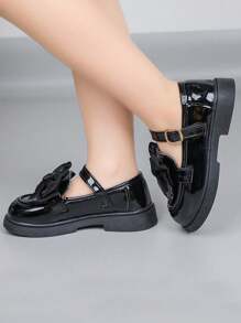 女童蝴蝶结软底皮鞋，幼儿公主裙鞋，适合春秋季节 - 黑色 - 查看 4