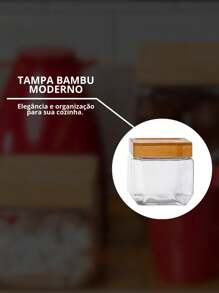 Kit 3 Pote Hermético Quadrado Tampa Bambu Design Sofisticado Mantimentos Multiuso 880ml - Transparente - Visão 4