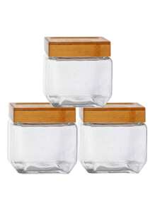 Kit 3 Pote Hermético Quadrado Tampa Bambu Design Sofisticado Mantimentos Multiuso 880ml - Transparente - Visão 2