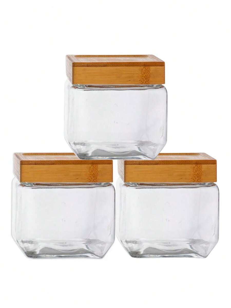 Kit 3 Pote Hermético Quadrado Tampa Bambu Design Sofisticado Mantimentos Multiuso 880ml